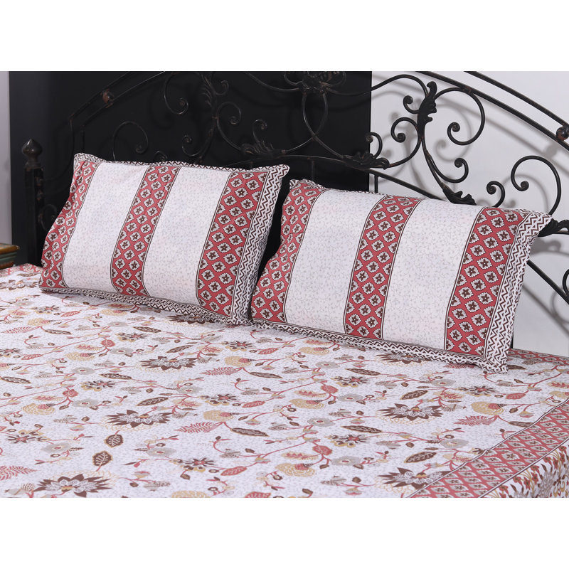 Ensemble de draps 100% coton à motif de blocs de neige à motif floral doré blanc neige - Motif botanique rétro, 2 taies décoratives, literie indienne artisanale