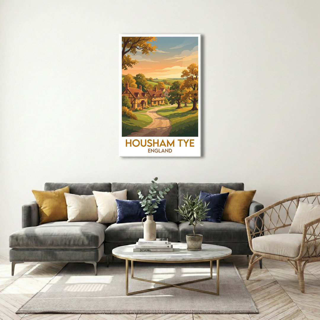 Housham Tye, England - Romantic Countryside Travel Poster of an Idyllic English Village. Giclee Print on Wrapped Canvas. Wall Art, Home Decor - Cities