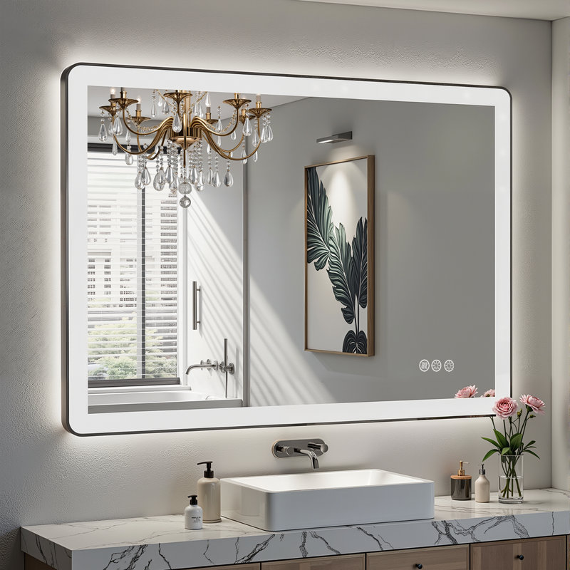 Lunara Independent Dual Backlit&Front Lights LED Wall Mirror, Rounded Corner Matte Black Metal Framed Bathroom Mirror with Tempered Glass