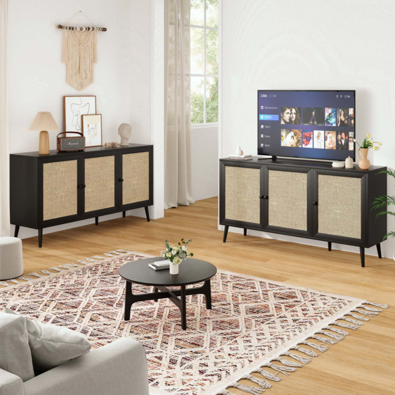 Sideboard Buffet Cabinet With 3 Rattan Doors,Modern Kitchen Storage Console Cabinet For Entryway Living Room, Black