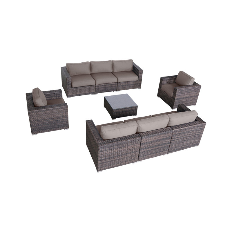 Lazaro 8-Person Patio Seating Group with Sunbrella Cushions, Taupe, Espresso