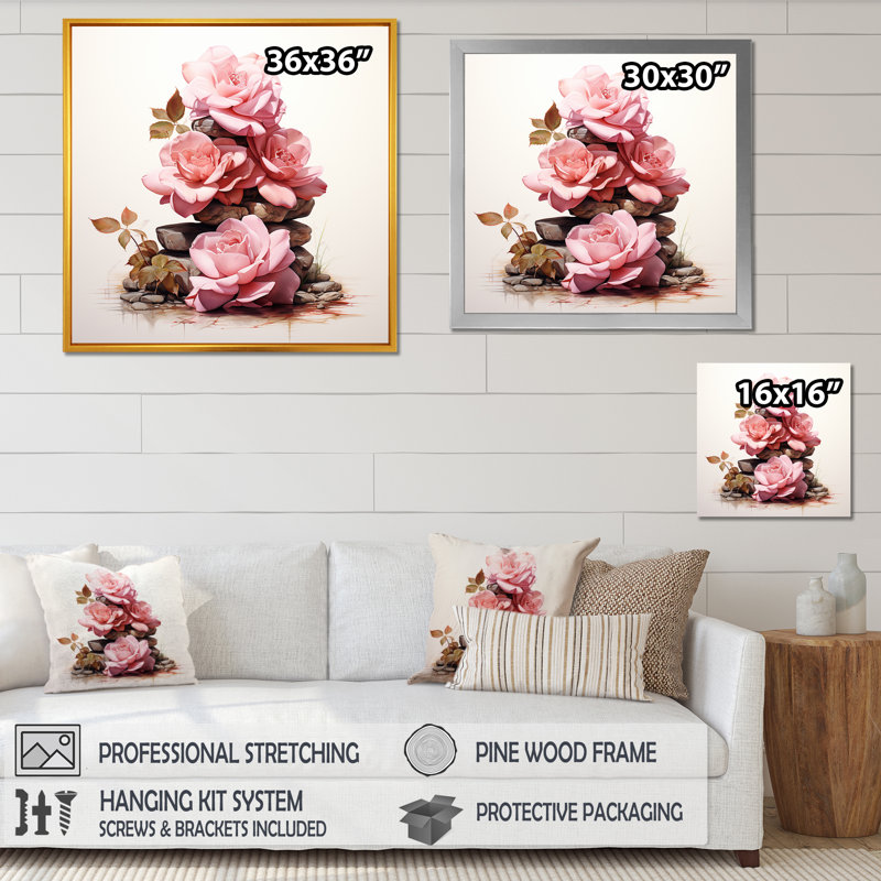 Rose rose empilée sur des pierres spirituelles II - Art mural rose, Toile tendue, 30" H x 30" W