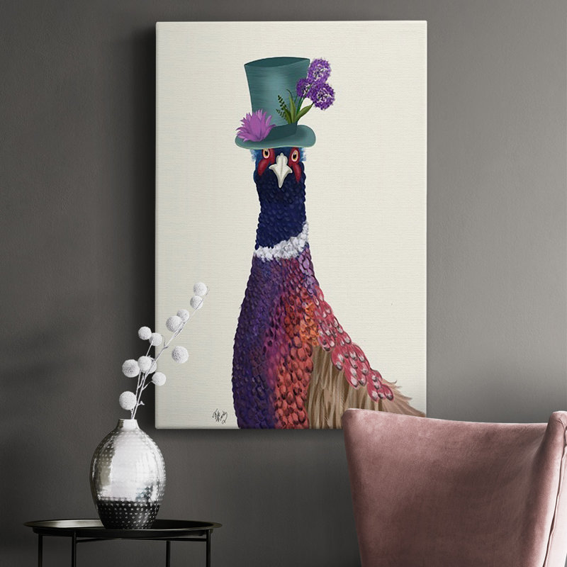 Faisan au chapeau bleu, toile tendue avec châssis de qualité supérieure - prête à être accrochée, H 18 po x l 12 po x P 1 po