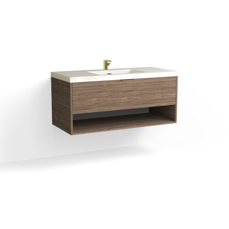 Modo 48" W Wall Mounted Single Bathroom Vanity, Matte White/8" Widespread, Satin Brass, Charred