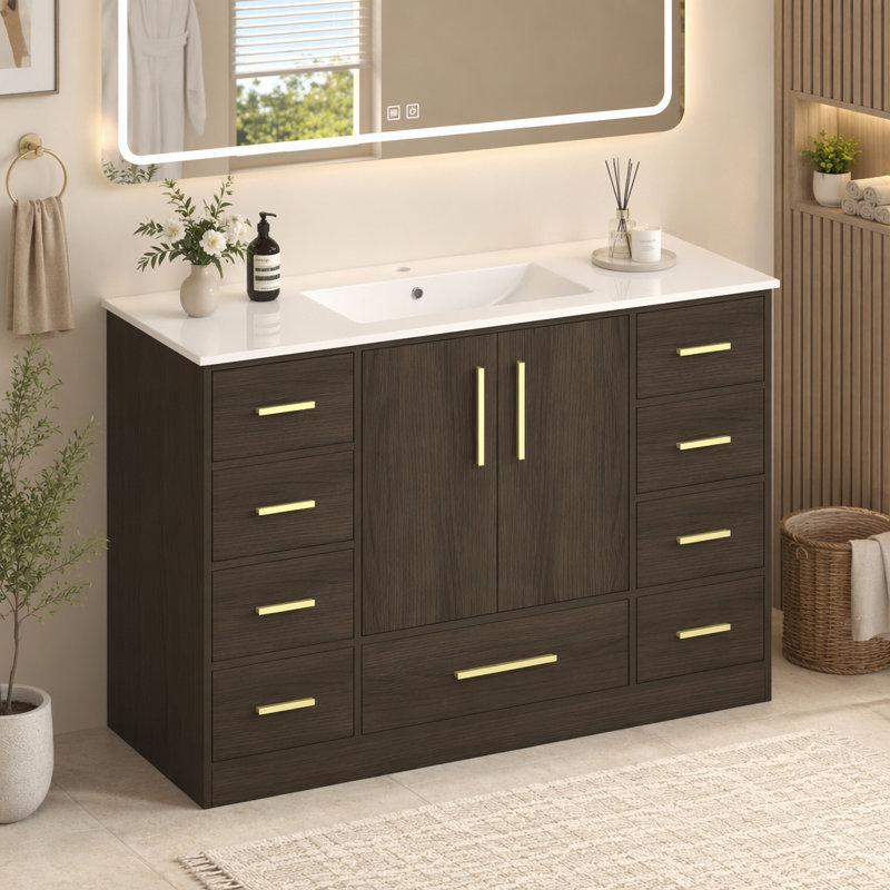 Meuble-lavabo de 48 po brun foncé. Armoire de rangement abondante - 2 portes à fermeture douce et 9 tiroirs