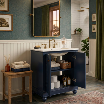 Meuble-lavabo autoportant 24 po Neo-Romantic avec comptoir en céramique central, portes doubles sculptées de précision avec charnières à fermeture en douceur, pieds en bois massif en forme de boule (3 finitions)