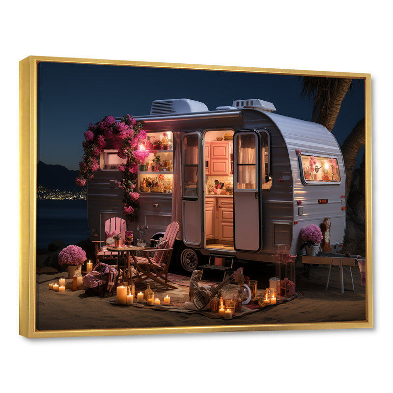 Pink Camping Van Desert Getaway II - Camping Travel Wall Art, 34" H x 44" W x 1.5" D, Gold Floater Framed