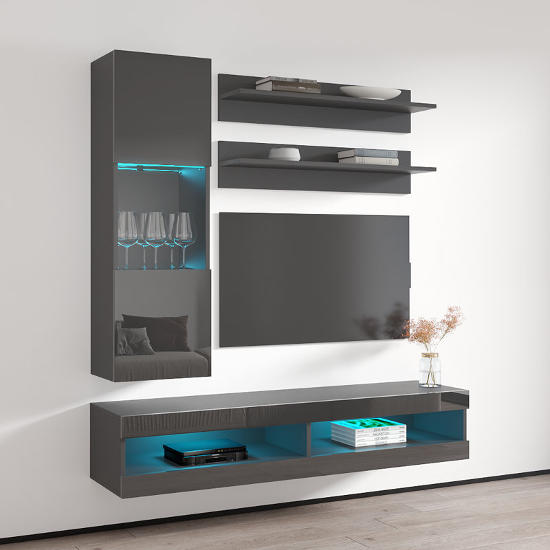 Lomas 63" Modern Floating Wall Mounted Entertainment Center with 16-Color LED Lighting, High Gloss Finish, Gray