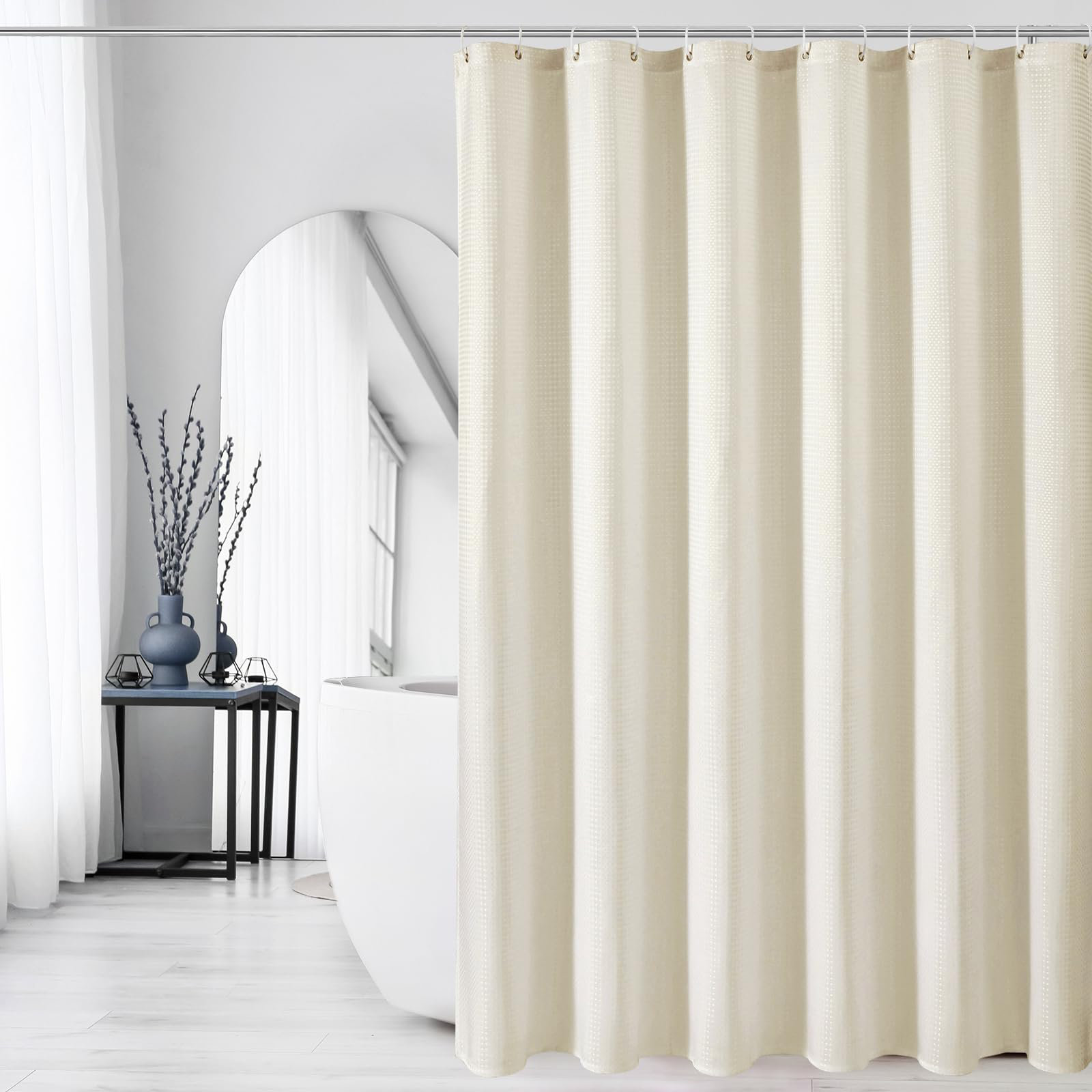 Dakota Fields Ivory Shower Curtain, Waffle Weave Textured Fabric Shower