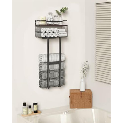 Large Towel Rack & Bathroom Towel Holder - Wall Mounted Metal Rack With Wooden Floating Shelf, Small Bathroom Towel Storage, Easy Holds 6 Large Rolled Towels, Black With Brown Plank