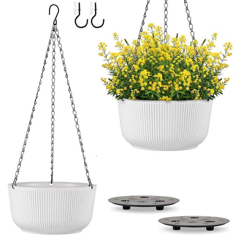Hanging Planters For Outdoor Plants, Set Of 2 White 11.2 Inch Self-Watering Hanging Pots With Drainage Hole & Plug  Screw-In Hooks