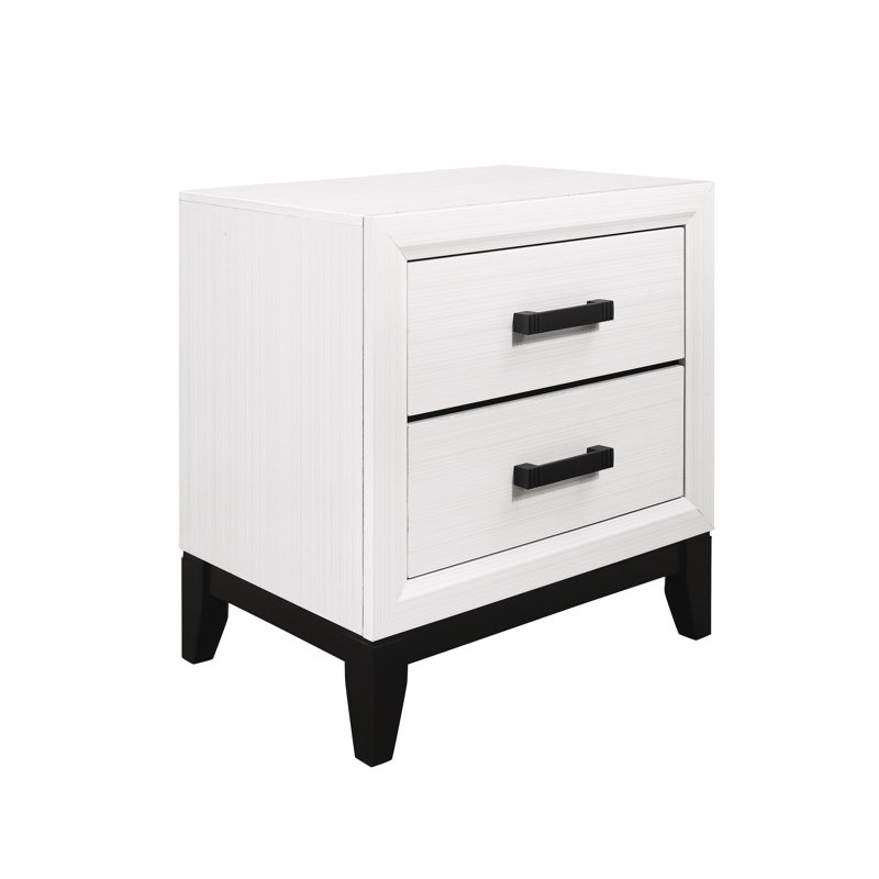 2 Drawer Nightstand - Mirage White Color, Center Glide, Black Hardware, Rubber Wood Crafted 2 Model Style,