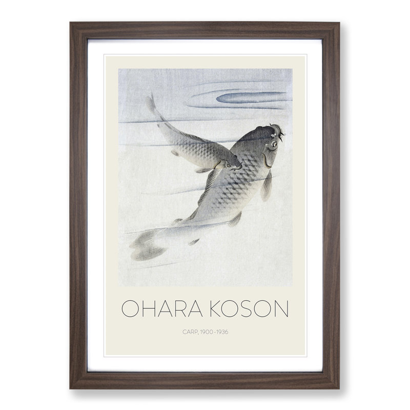 Pair of Carps by Ohara Koson - Picture Frame Painting, 36cm H x 27cm W x 2cm D, Walnut