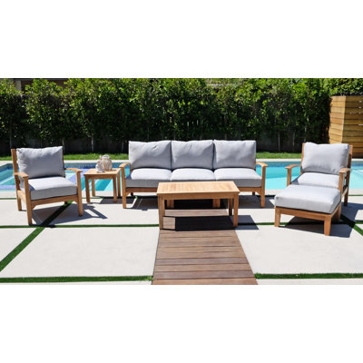 Huntington 6 Piece Teak Sofa Seating Group with Sunbrella Cushions -  Willow Creek Designs, HUN-DS6-2CLB1RT1LT1AMLES1OTTO1STDCOFE1END-5402