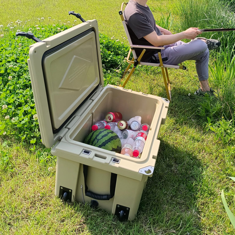 65 qt, kaki, refroidisseur de bière, camping, voyage, plage, isolation supérieure, étanchéité, coffre-fort et inhibiteurs, barbecue en caoutchouc robuste, événements extérieurs, intérieur, extérieur,