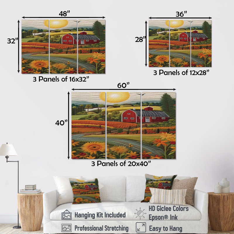 Ensemble de salon champêtre tournesol champ rouge Bard vert, Toile tendue, H 32 po x l 48 po x P 1 po
