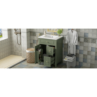 Meuble-lavabo avec porte en verre, tablettes réglables et trois tiroirs, meuble-lavabo