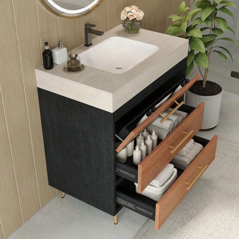 Meuble-lavabo autoportant moderne avec lavabo en céramique et plateau en pierre, Noir / or / noyer, Gris Pierre