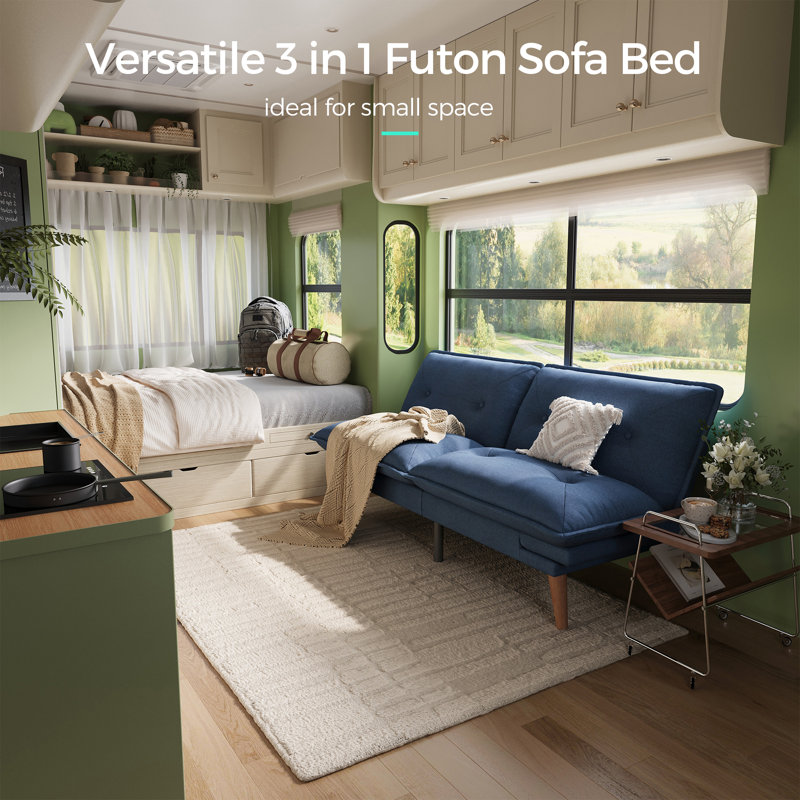 Serta 66'' Upholstered Tufted Convertible Futon Sofa Bed, Navy Linen