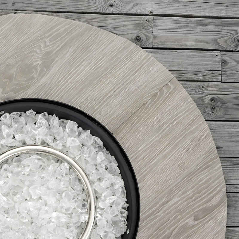 Outdoor Round Propane Fire Pit Table (26" H x 30" W) with Wood Grain Ceramic Surface, Metal Protective Lid, Glass Rocks and Concealed Gas Tank Space