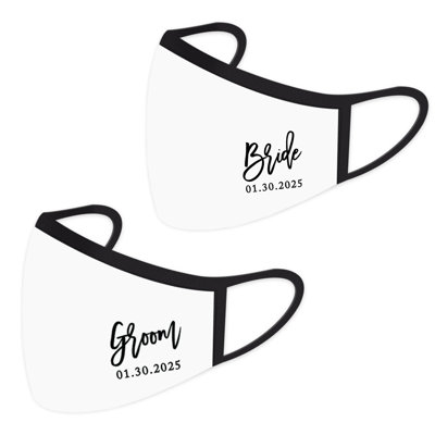 Masque de mariage personnalisé, conception de date de la mariée et du marié sur mesure, masques faciaux en tissu blanc avec 1 filtre remplaçable PM 2,5, paquet de 2