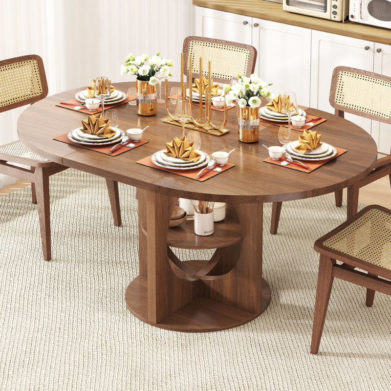Extendable Round Dining Table For 4-6, Oval Dinner Kitchen Table With Storage, Circle Table With Leaf, Walnut