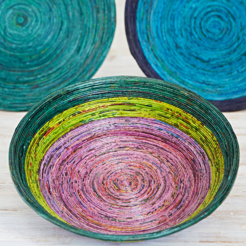 Handmade Paper Decorative Bowl 1, 6.5cm H x 16.5cm W x 16.5cm D, Dark Green/Green/Lilac
