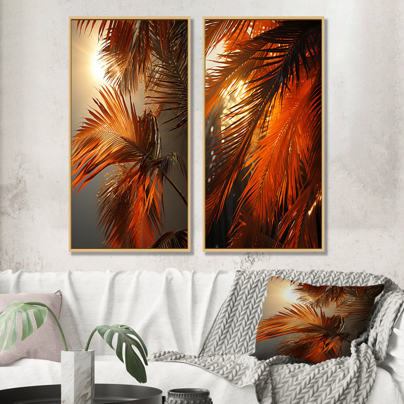 Coucher de soleil sur un palmier tropical au coucher du soleil, Cadre flottant brun, H 32 po x l 33 po