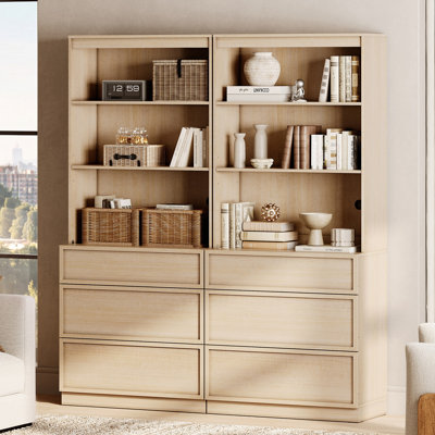 Modern 72" Tall Bookshelf with 6 Drawers and Open Book Shelves, Library Bookcase with Storage Cabinet, Wood Freestanding Book shelf for Home Office, L