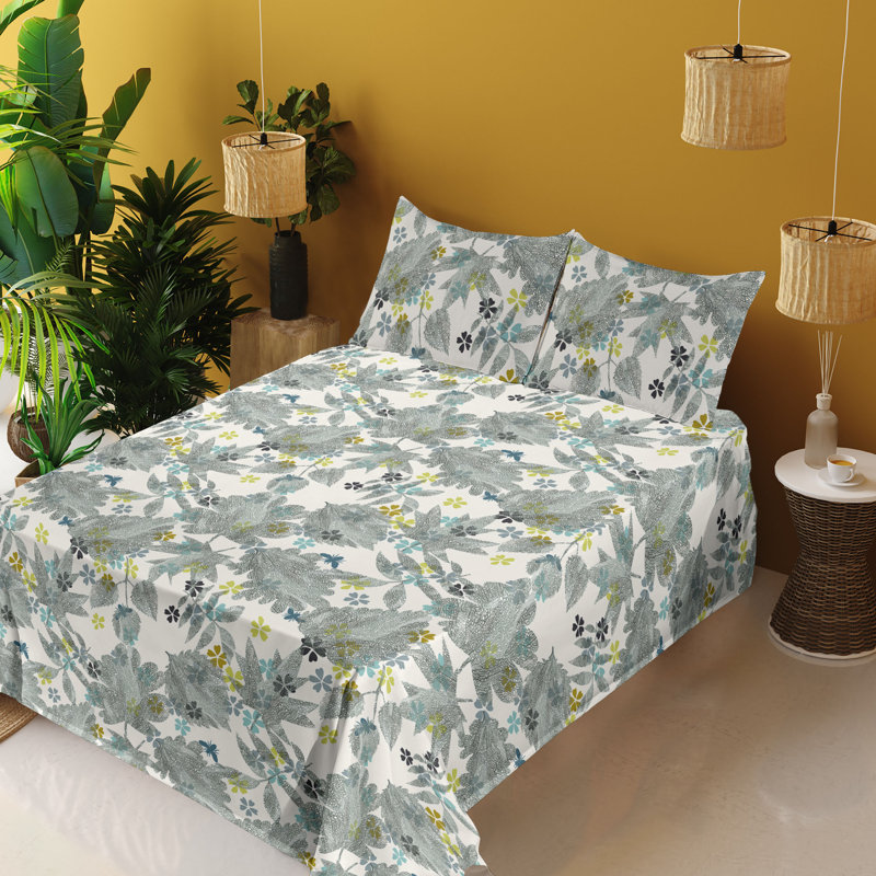 Ambesonne Watercolor Botany Sheet Set 4 Pcs Retro Boho Bloom, Yellow Green Eggshell Floral