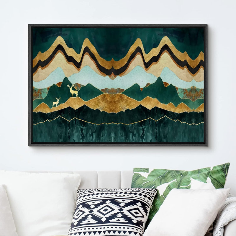 Sun Mountain Range - sarcelle dorée et montagnes vertes avec wapiti - reproduction sur toile flottante, Noir