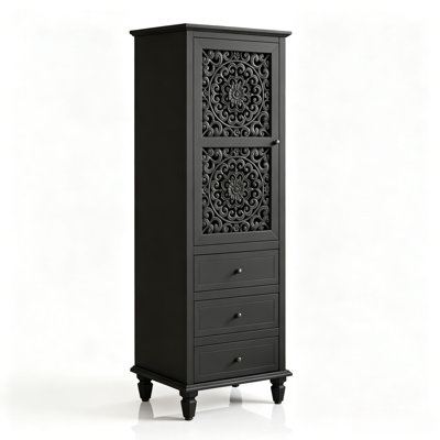 Buffet décoratif de 63 po de hauteur, buffet sculpté avec tablettes intérieures et 3 tiroirs