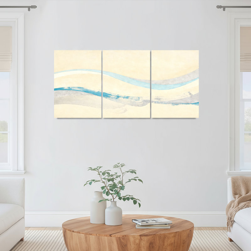 Ensemble de 3 tableaux abstraits sur toile tendue, motif vague, H 30 po x l 60 po