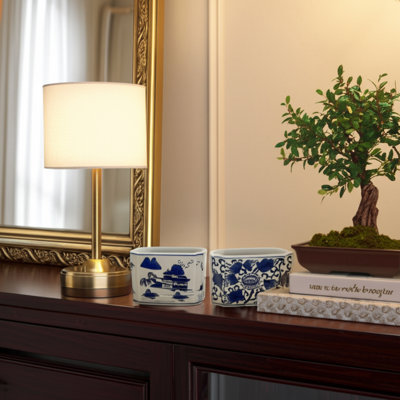 Storage Container Ceramic Stoneware Asian Landscape And Floral Design Decorative Home Or Office Use Set Of 2 - 4" Blue & White