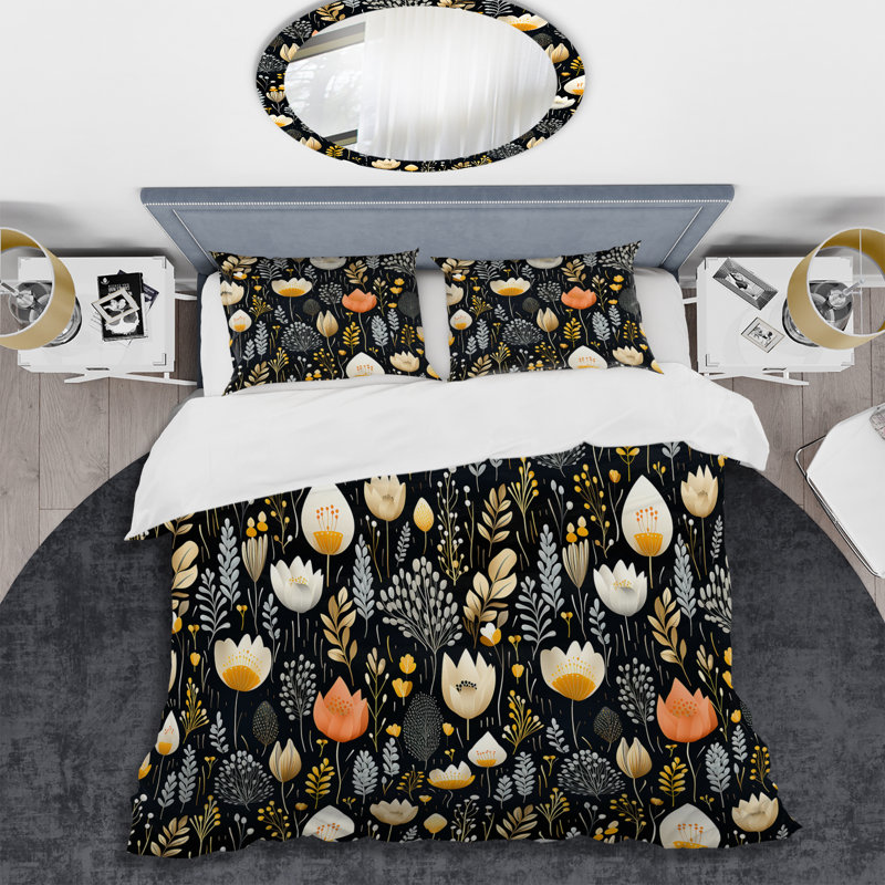 Meadow Yellow And Black Floral Pattern I - Ensemble de housse de couette à motif floral