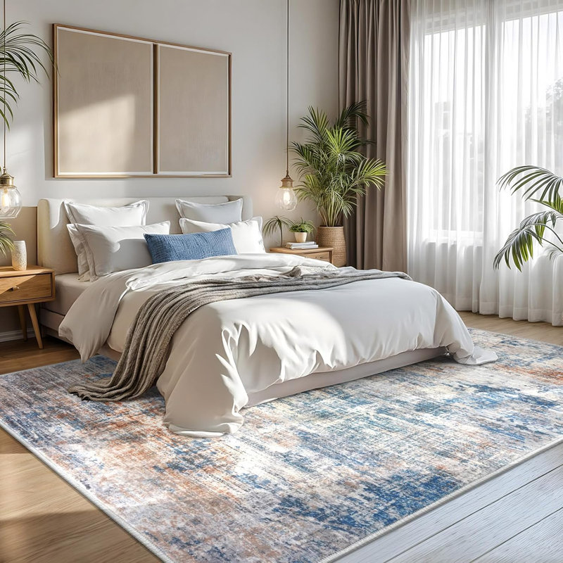 Machine Washable Rugs Abstract Non Slip Area Rugs for Living Room Bedroom, Blue/Brown/White, Rectangle 8' x 10'