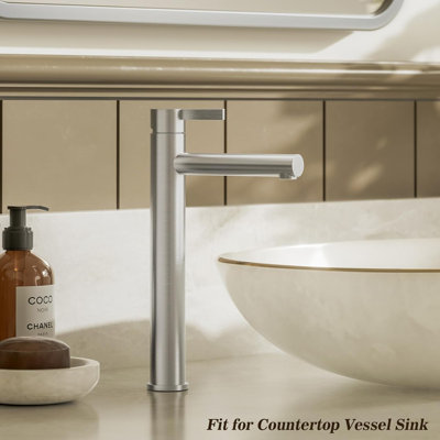 Robinet de lavabo de salle de bain à un trou haut en nickel brossé, robinet de salle de bain moderne à un trou à poignée simple, avec bonde escamotable et conduite d'alimentation en eau