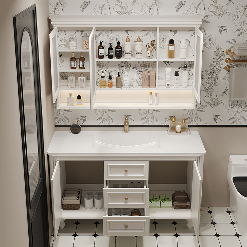 French cream style rock plate bathroom cabinet, 31.49" H x 47.24" W x 21.65" D
