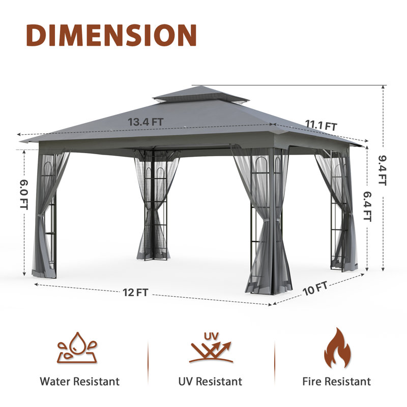 13 Ft. W x 11 Ft. D Steel Patio Gazebo, Gray