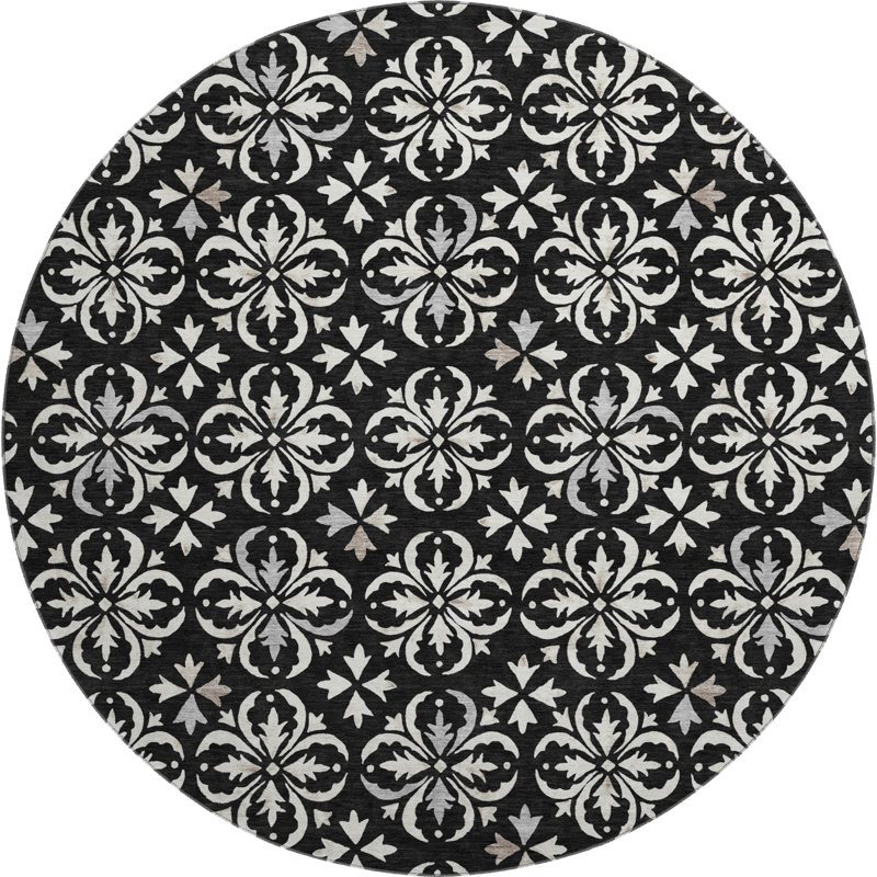 Premium Machine Washable Prisco Black Rug, Round 8'