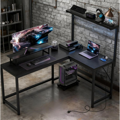 Gaming Desk with Monitor Stand and CPU Shelf,L Shaped Gaming Desk with Power Outlets & LED Lights