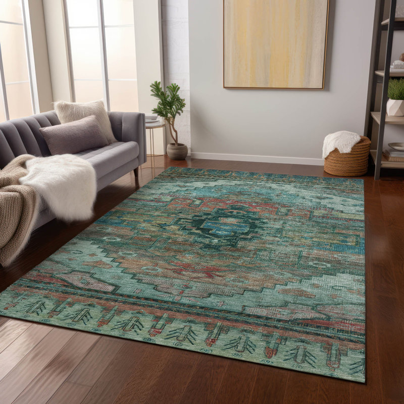 Tapis bleu sarcelle lavable à la machine intérieur / extérieur Xhevrie, Rectangulaire 3 pi x 5 pi