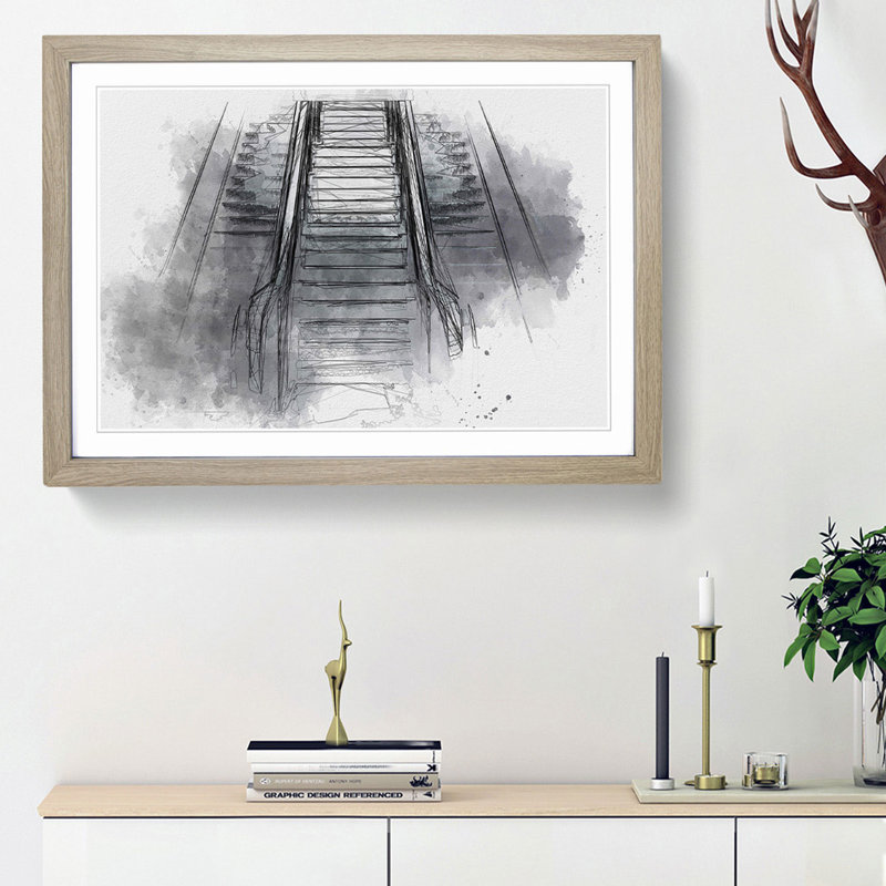 Escalator Heading up in Abstract - Picture Frame Graphic Art Print, 27cm H x 36cm W x 2cm D, Oak Framed