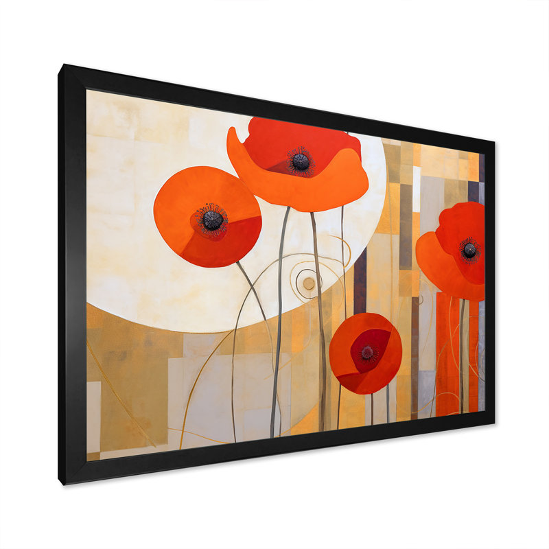 " Bold Orange Cubic Flowers ", 34" H x 44" W x 1.5" D, Black Single Picture Framed