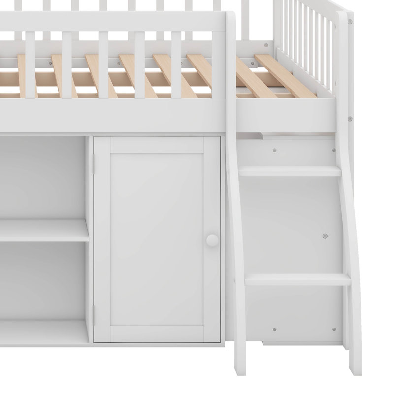 Lit mezzanine avec rangement intégré et tête de lit avec éclairage à DEL, Lit double, Blanc