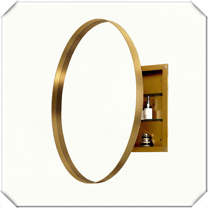 Armoire à pharmacie ronde en surface avec miroir et tablettes réglables en surface, Doré