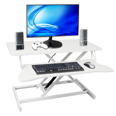 Poste de travail blanc assis pour se tenir debout, bureau pour ordinateur portable réglable avec plateau à clavier et vérin à gaz pour un confort accru, plateau de travail productif, système