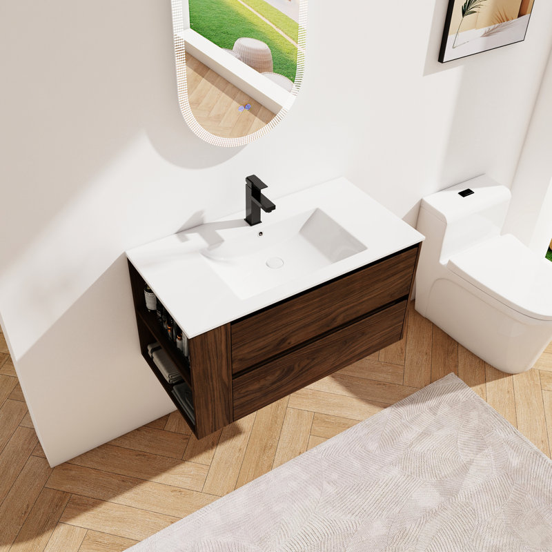 Meuble-lavabo de 36 po avec lavabo en céramique et tiroir à fermeture en douceur - Design tendance en contreplaqué de chêne brun