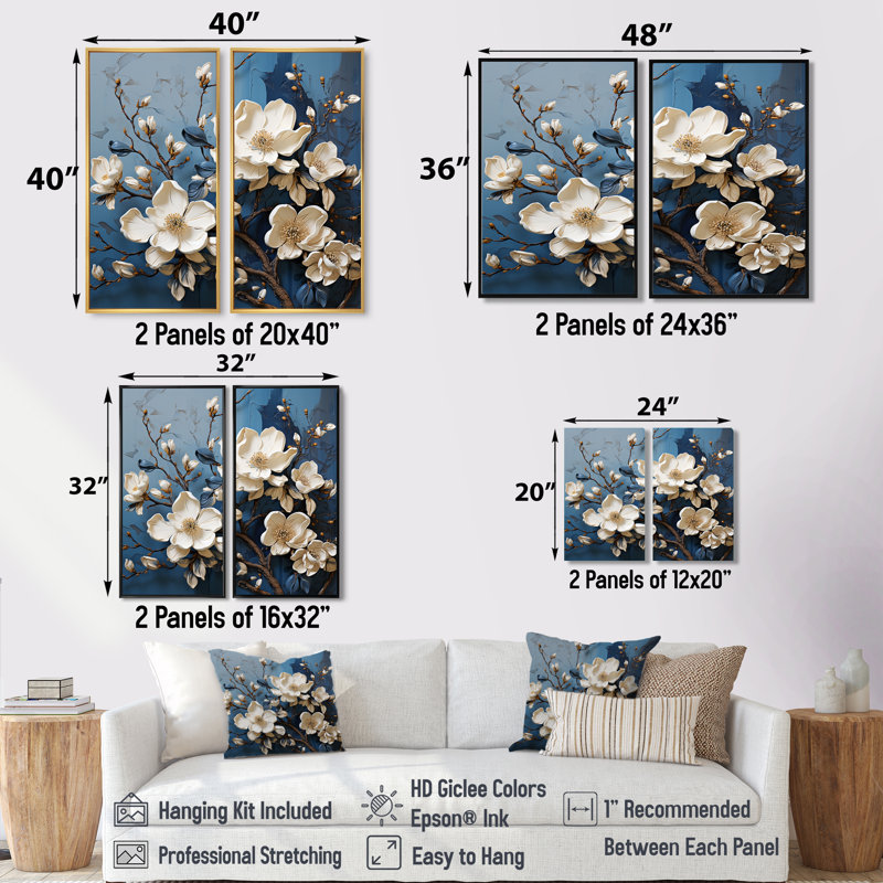 Décoration murale bleu et blanc Magnolia en fleurs I - Magnolias floraux, 36" H x 48" W, Impression encadrée flottante, Black