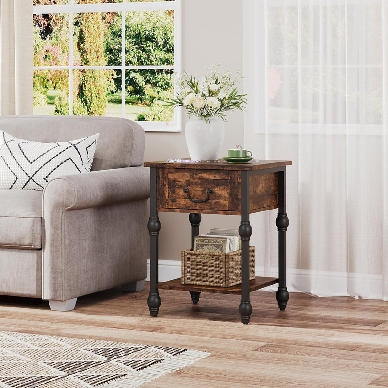 2-Tier Industrial Side Table with Drawer and Open Storage Shelf – Rustic Brown and Black Nightstand for Bedroom, Study, and Living Room – Space Saving End Table and Storage Solution